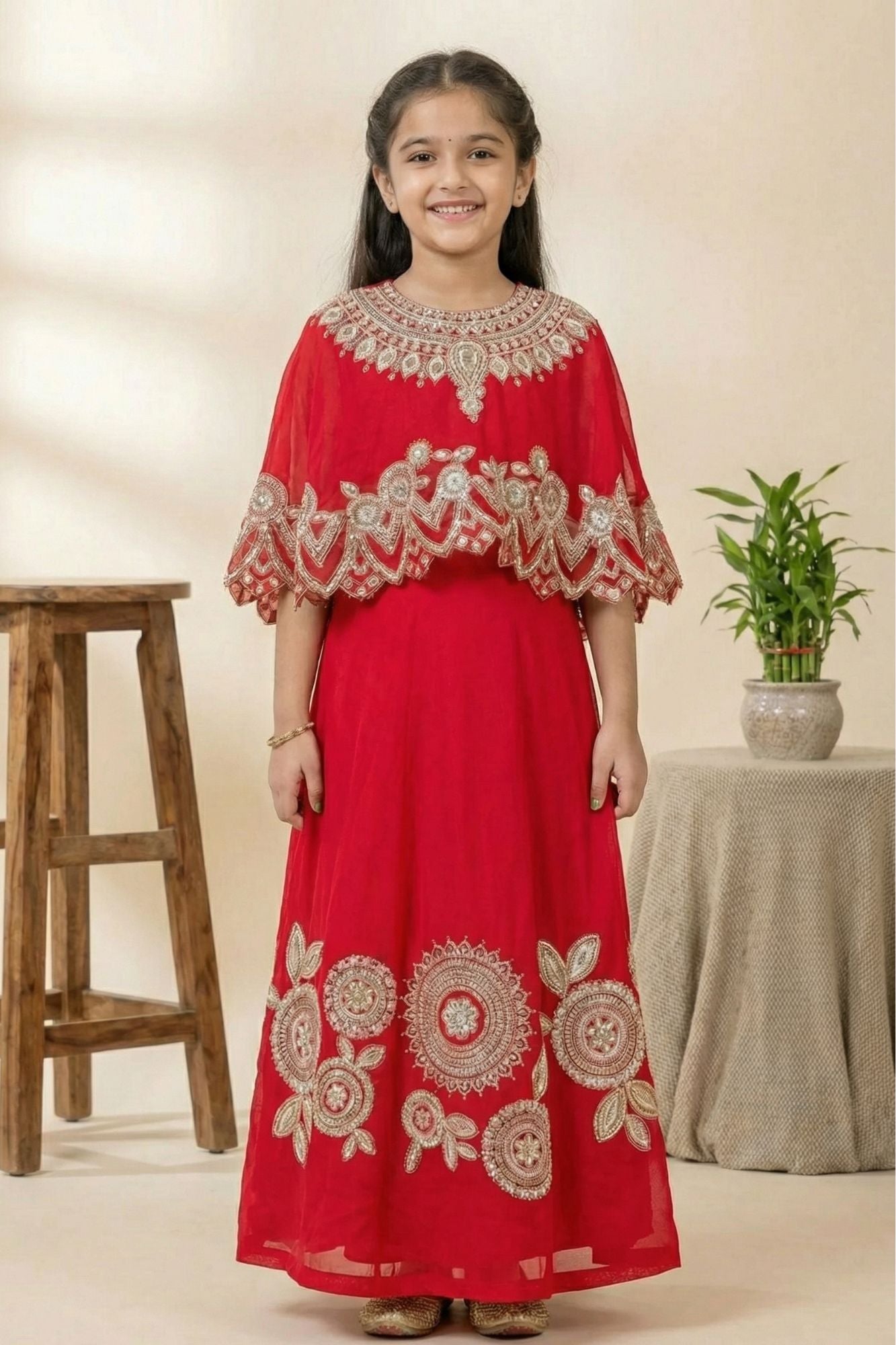 Designer Red Lehenga Choli with Embroidered Cape For Girls