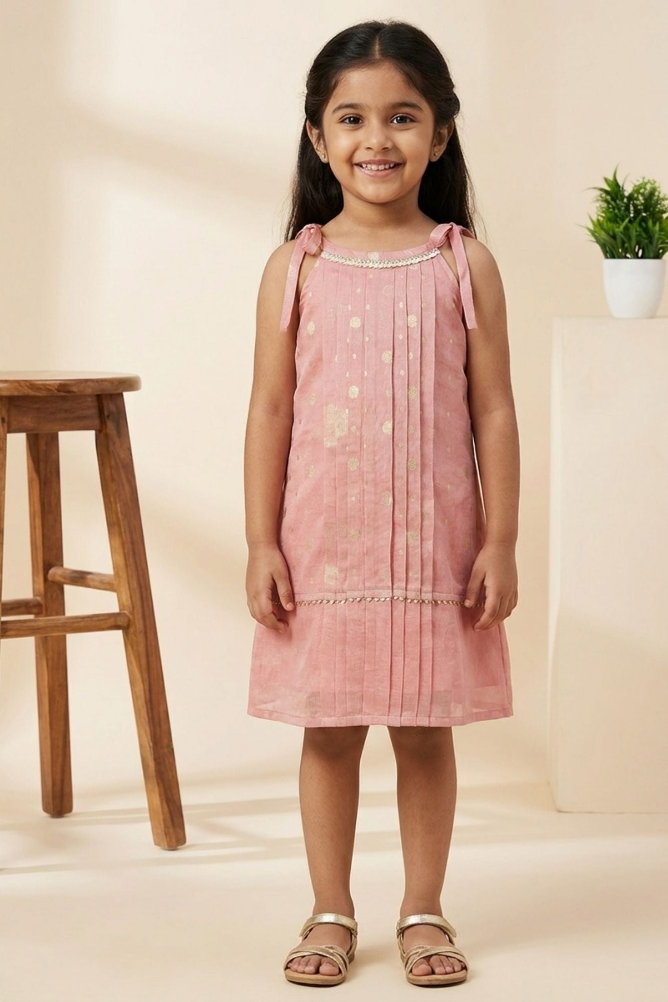 Girls Pink Sleeveless Dress with Pintuck Pleats