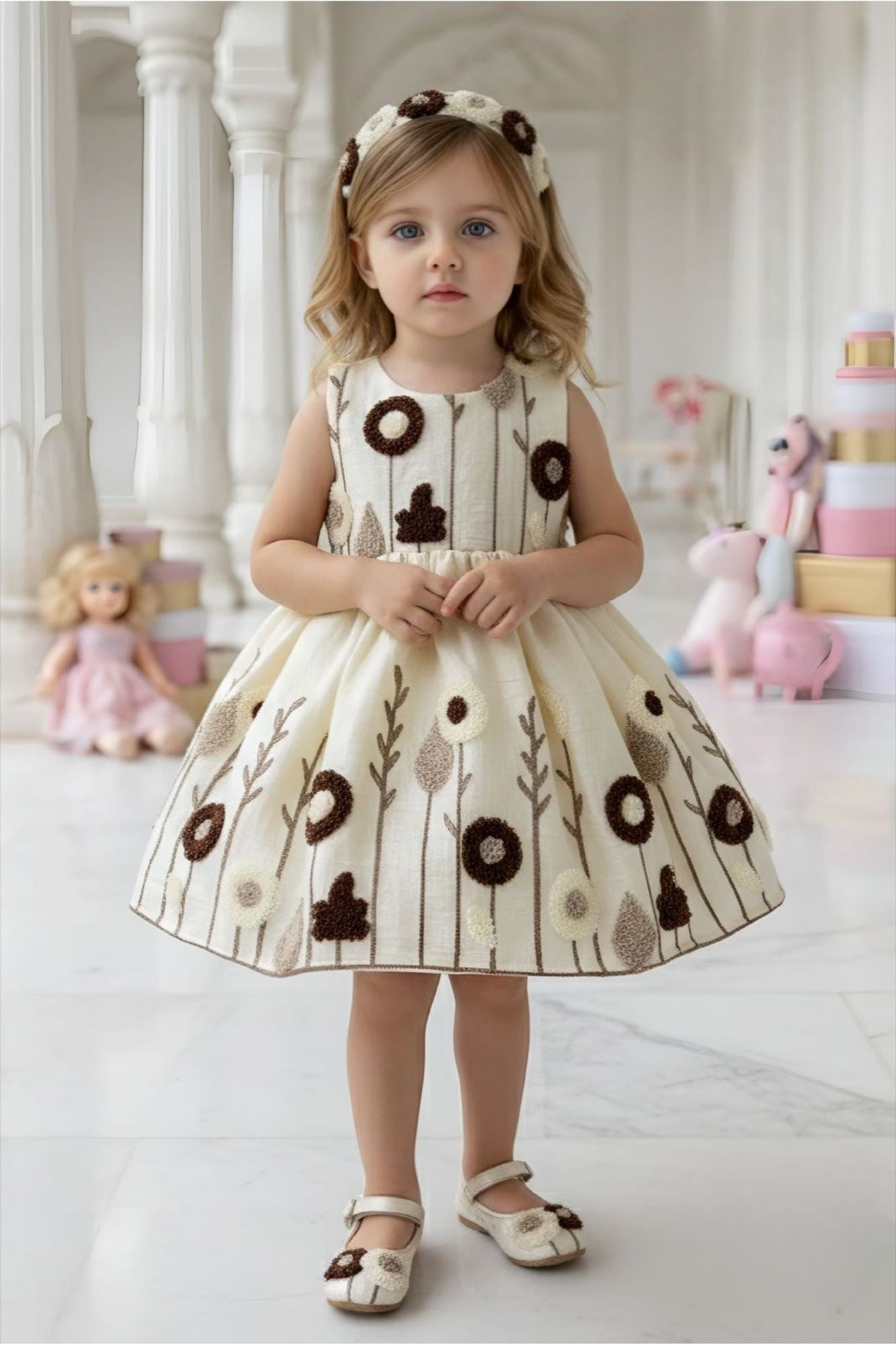 Girls Cream Embroidered Party Wear Frock with Floral Motif