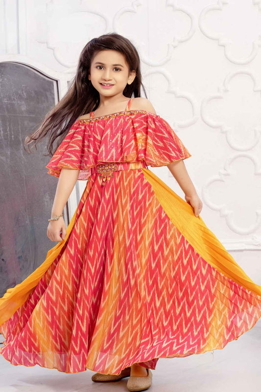 Red Off shoulder Gown With Zigzag Pattern For Girls