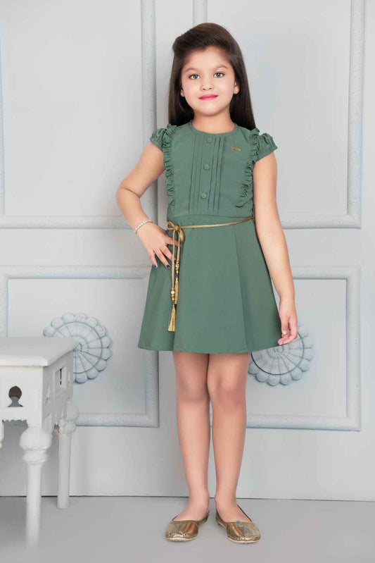 Green Casual Frock With Puff Sleeves For Girls - Lagorii Kids