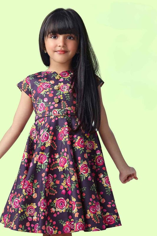 Stylish Purple Floral Printed Frock For Girls