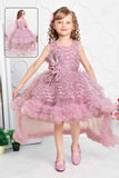 Pink Net Party Wear Tailback Frock Embellished With Floral For Girls - Lagorii Kids
