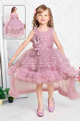 Pink Net Party Wear Tailback Frock Embellished With Floral For Girls - Lagorii Kids