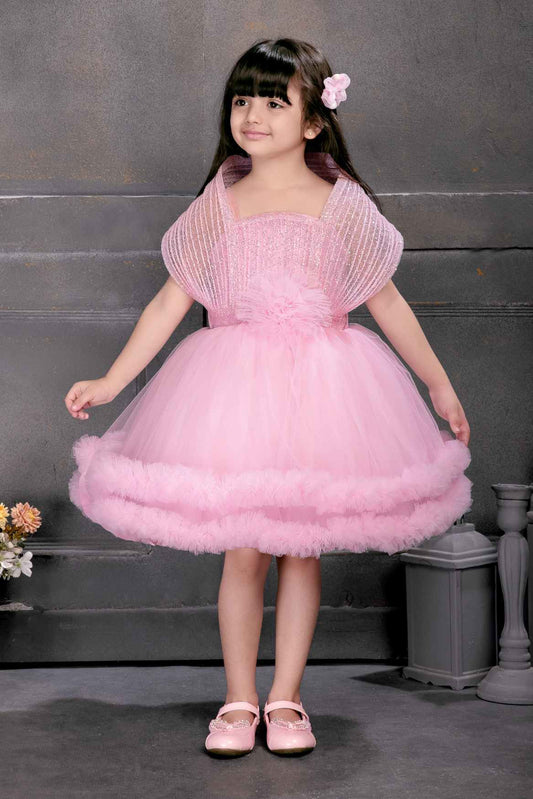 Pink Frock Embellished With Flower And Sequins For Girls