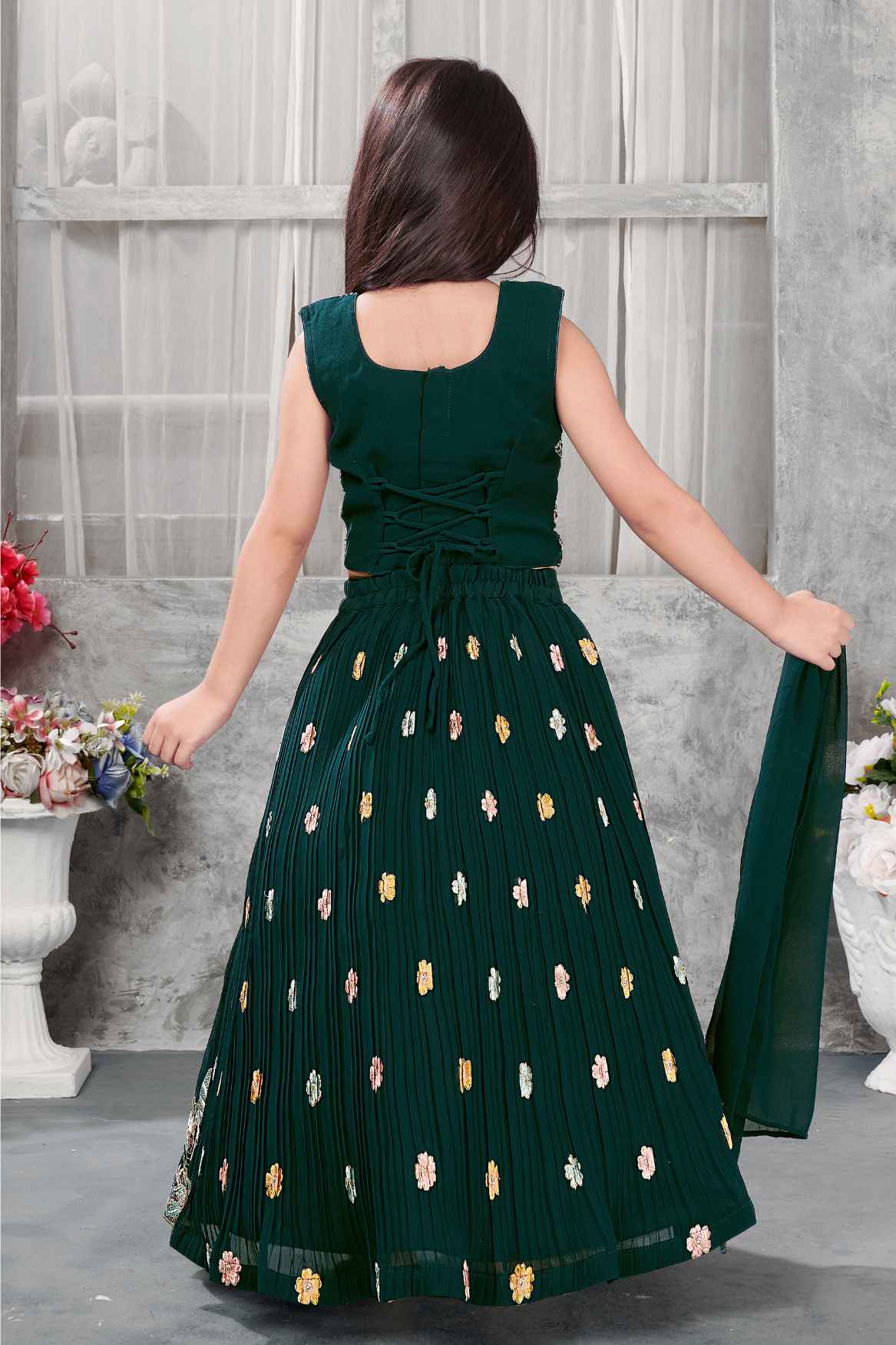 Teal Blue Floral Sequin Embroidered Lehenga Choli Set For Girls