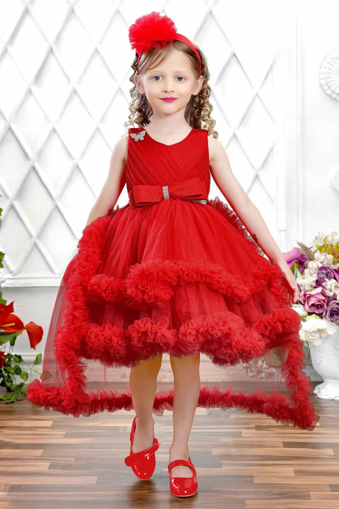 Red Net Party Wear Tailback Frock Embellished With Bow For Girls - Lagorii Kids