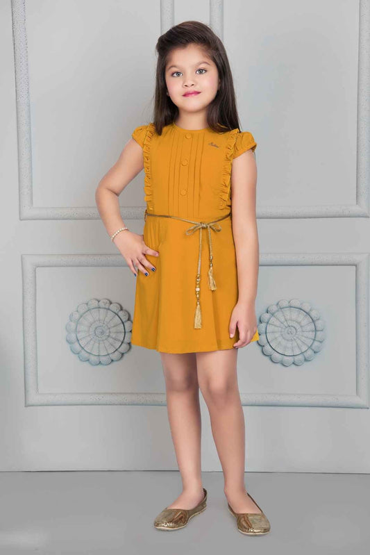 Mustard Casual Frock With Puff Sleeves For Girls - Lagorii Kids