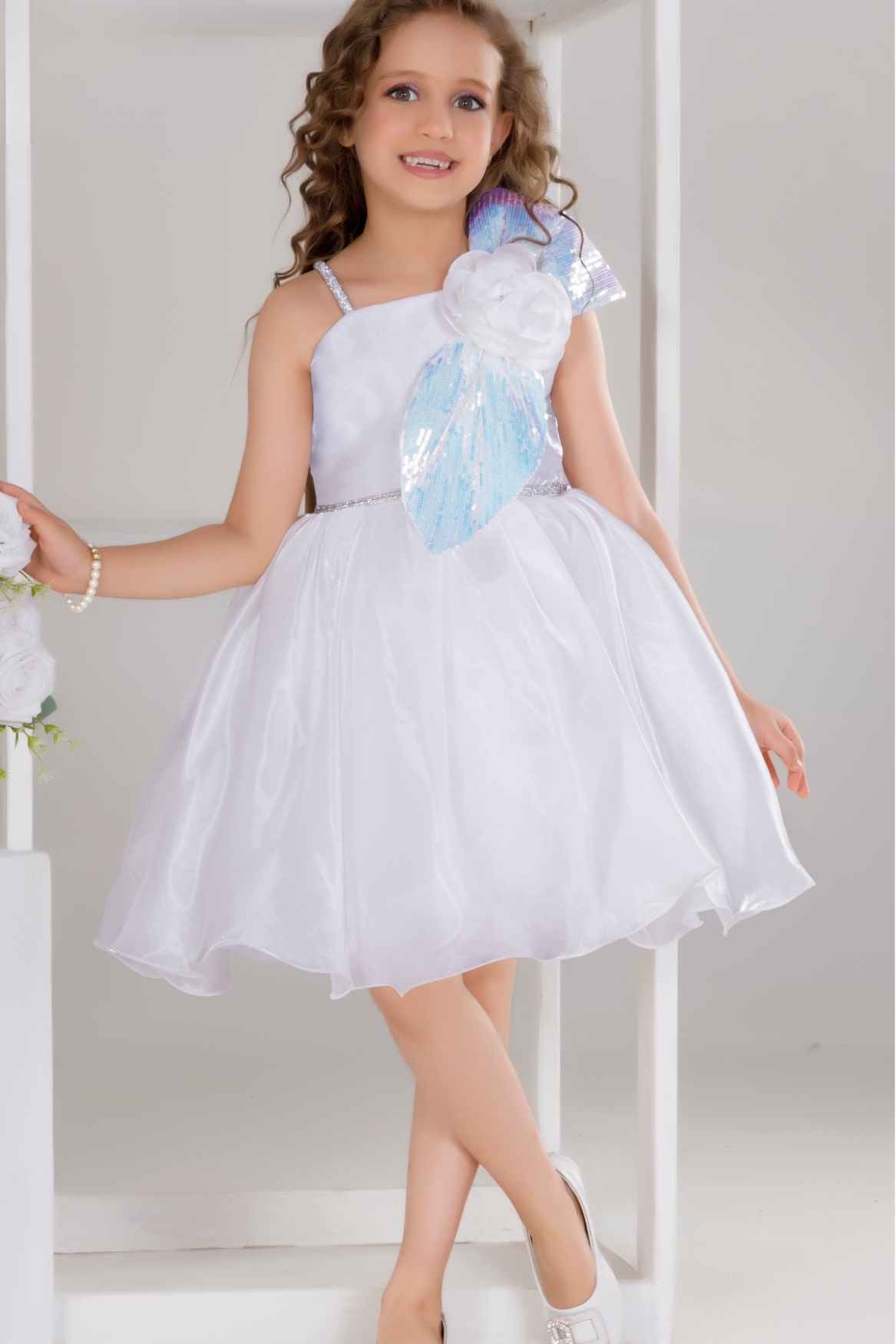 White Party Frock With Sequin Bow And 3D Flower Detail For Girls