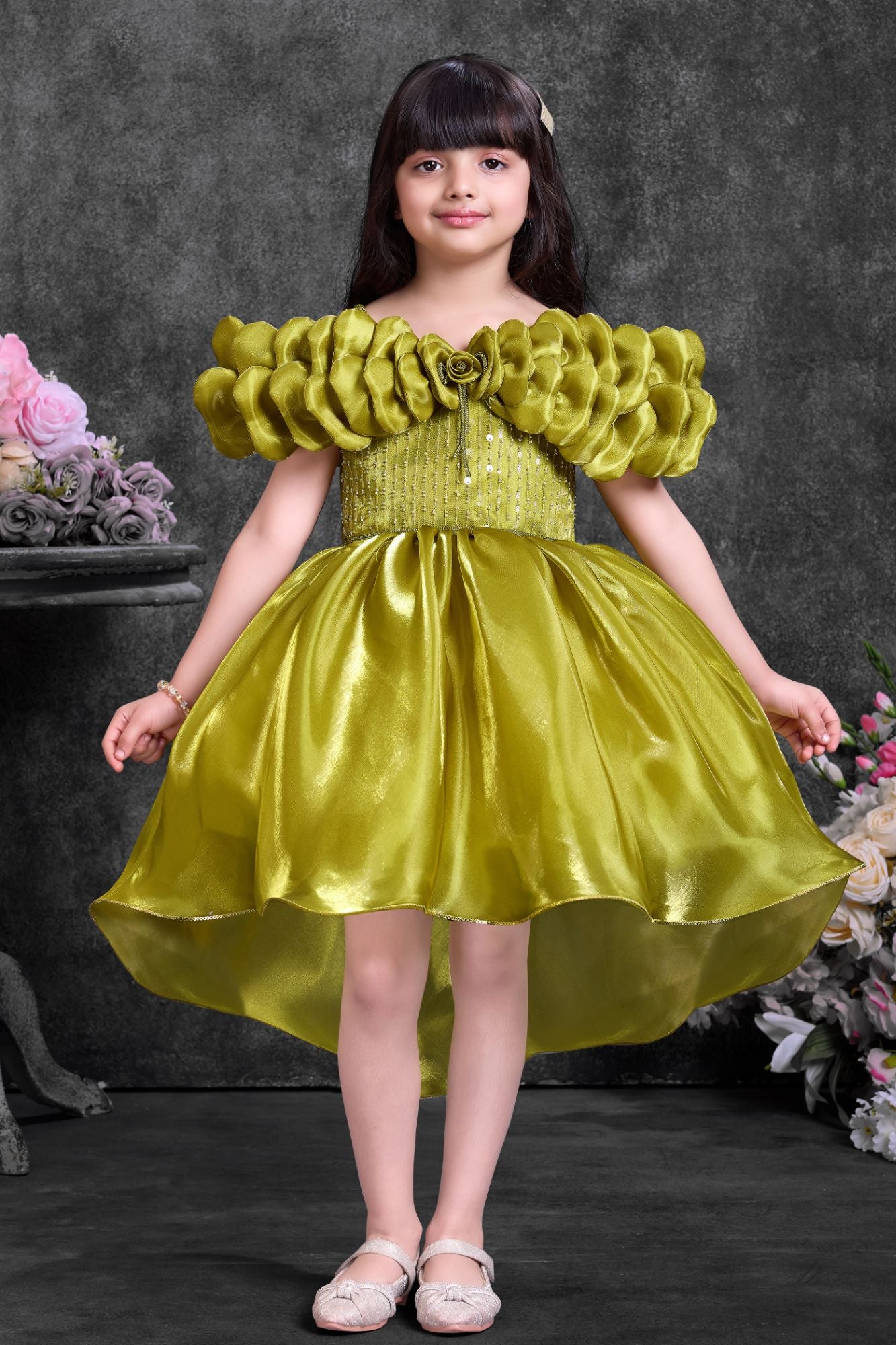Olive Green High-Low Party Wear Frock with Ruffle Neckline For Girls