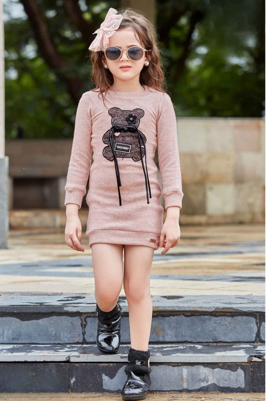 Onion Pink Woollen Dress With Patch Work For Girls