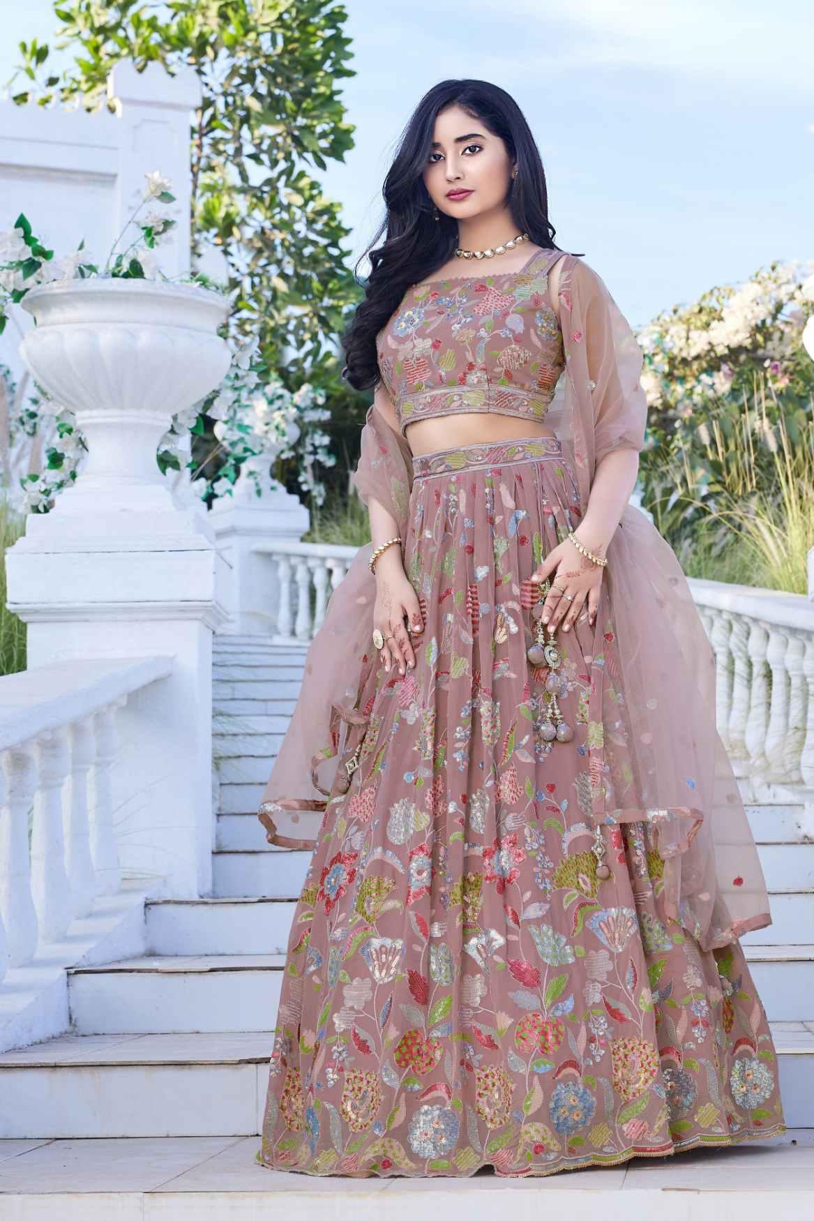 Elegant Onion Pink Net Sequin Lehenga Choli Set For Girls - Lagorii Kids