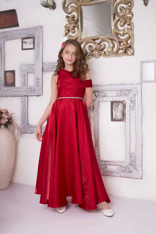 Designer Red Satin Asymmetric Gown For Girls