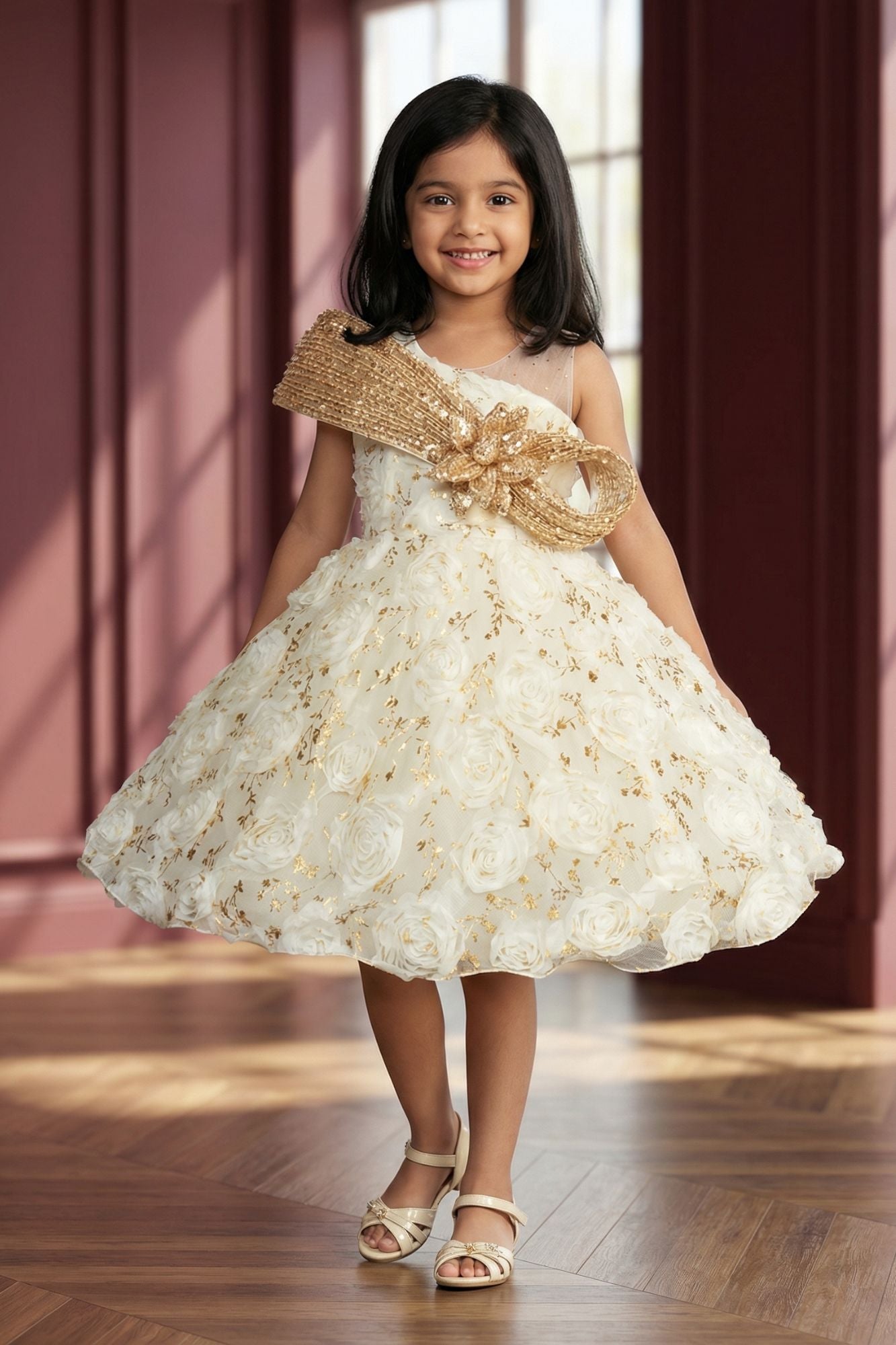 Girls Cream Floral Party Frock with 3D Rosette Work And Statement Bow