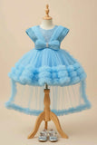 Blue Party Frock With Layered Ruffles And Statement Bow and Tailback For Girls