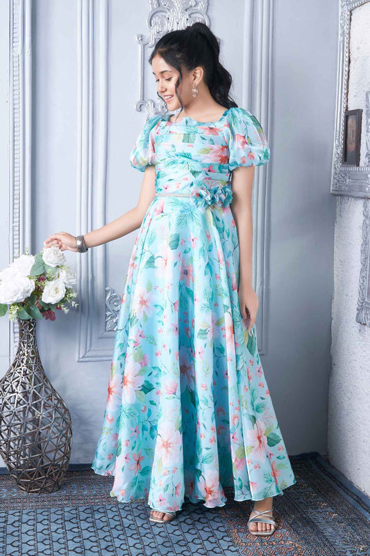 Blue Printed Gown With Puff Sleeves For Girls