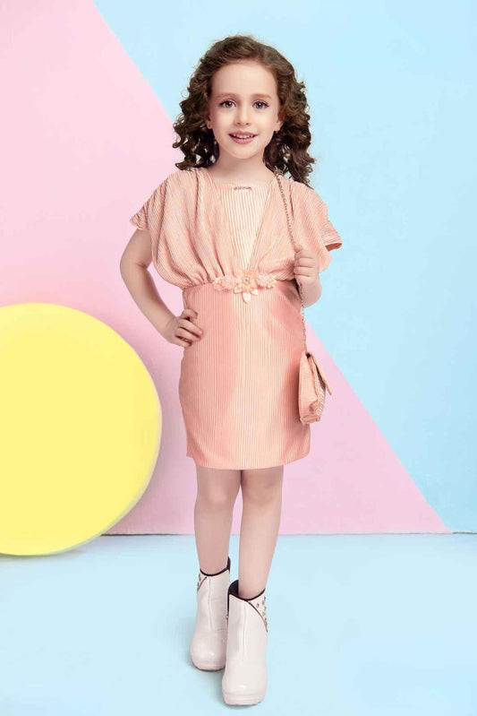 Peach Satin Midi Dress With Sling bag For Girls - Lagorii Kids