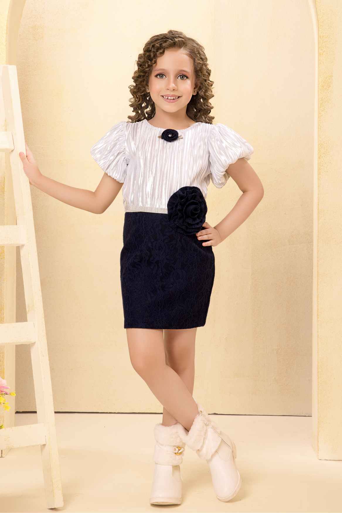 Navy Blue And Silver Floral Embellished Party Wear Dress For Girls