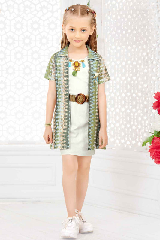 Cream Dress With Crochet Green Overcoat With Waistband Set For Girls