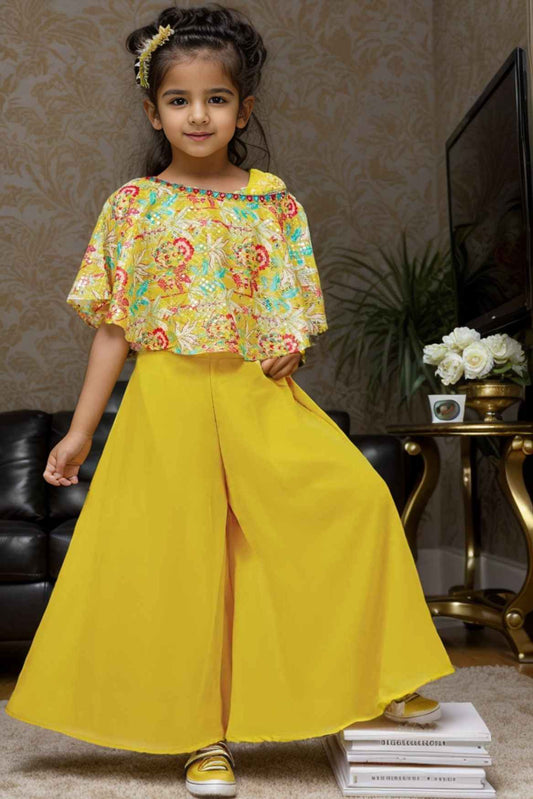 Mustard Printed Sequin Palazzo Set With Cape Sleeves For Girls