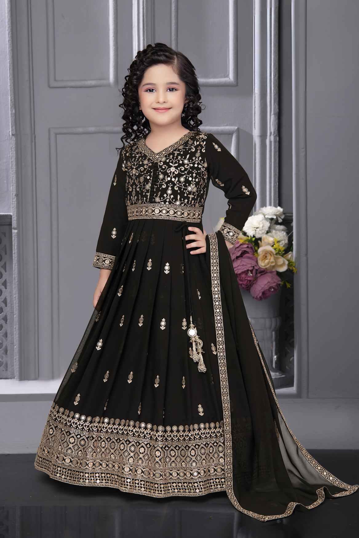 Designer Black Gown With Embroidery Work For Girls - Lagorii Kids