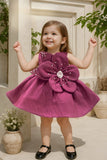 Magenta Embellished 3D Floral Appliqué Party Frock For Girls
