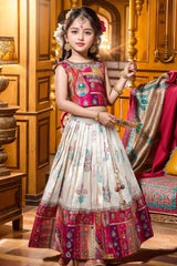 Multicolor Banarasi Silk Pattu Pavadai With Stone Work For Girls