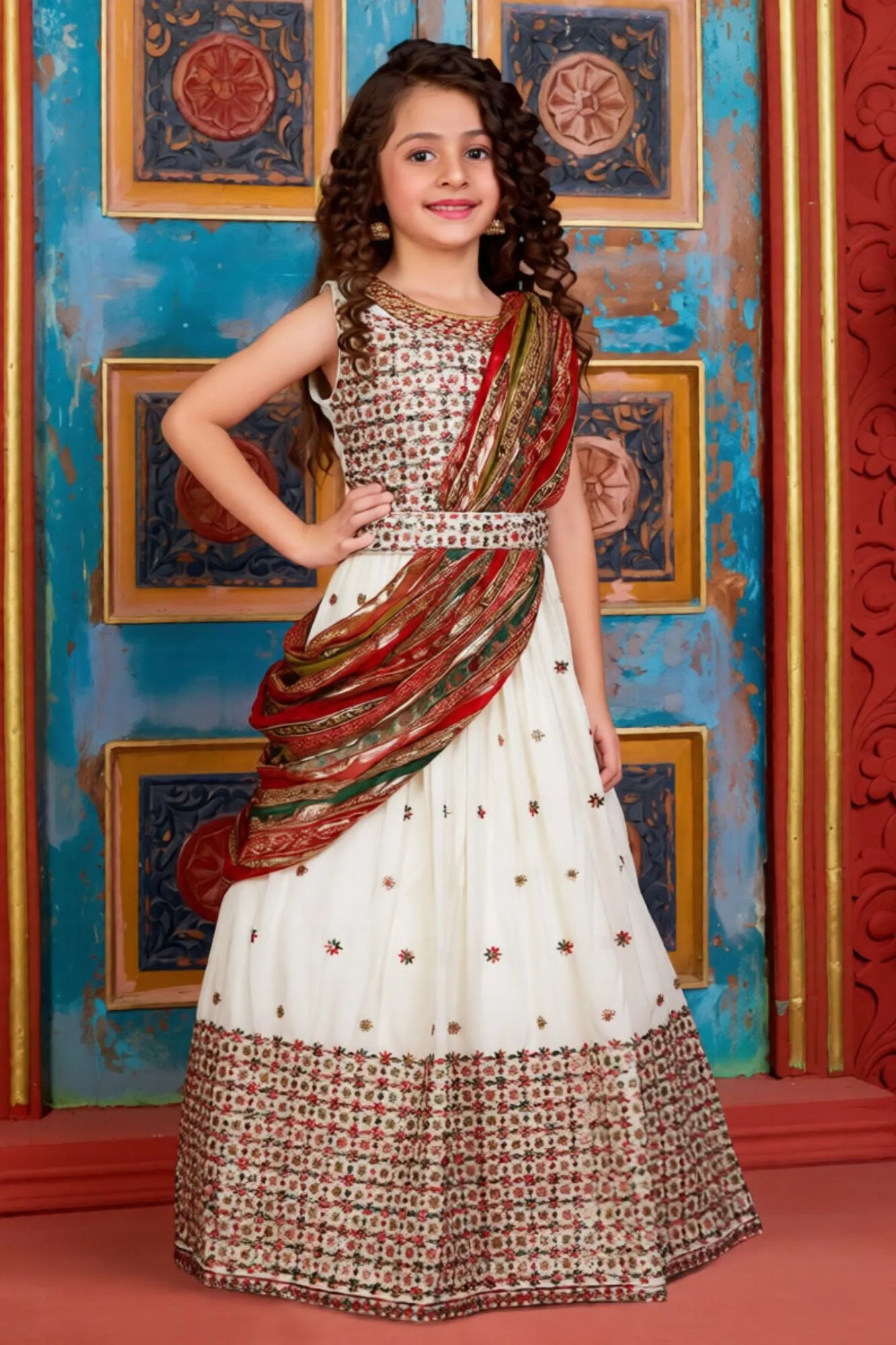 White Embroidered Lehenga Choli with Multicolor Floral Motifs For Girls