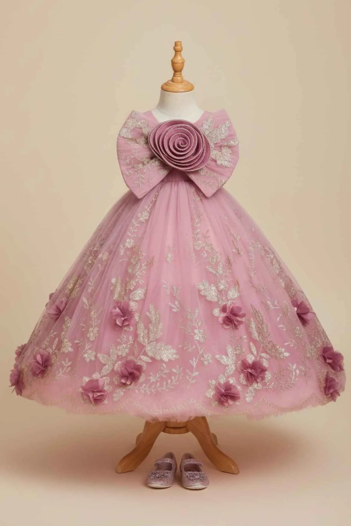 Pink Ball Gown with Oversized Rosette Bow & 3D Floral Applique For Girls