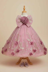 Pink Ball Gown with Oversized Rosette Bow & 3D Floral Applique For Girls