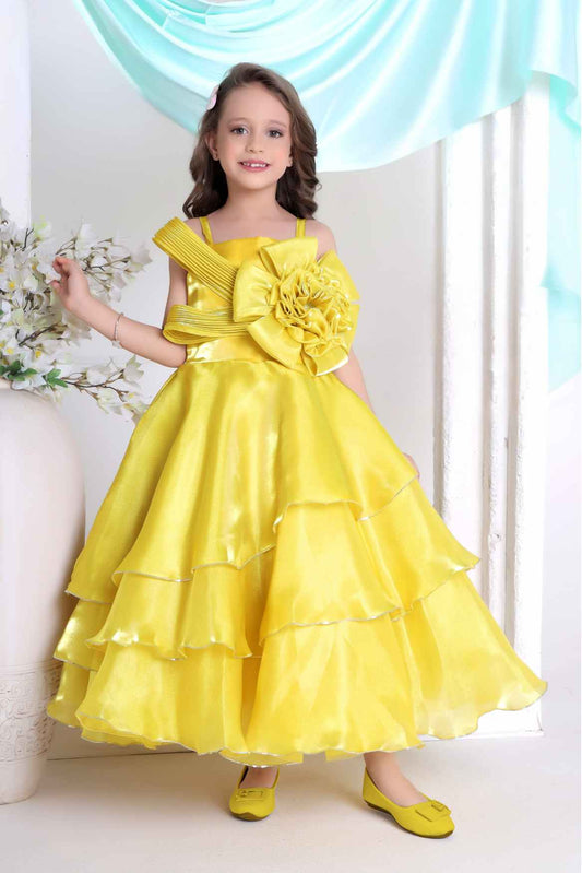Yellow Floral Embellished Party Wear Gown For Girls