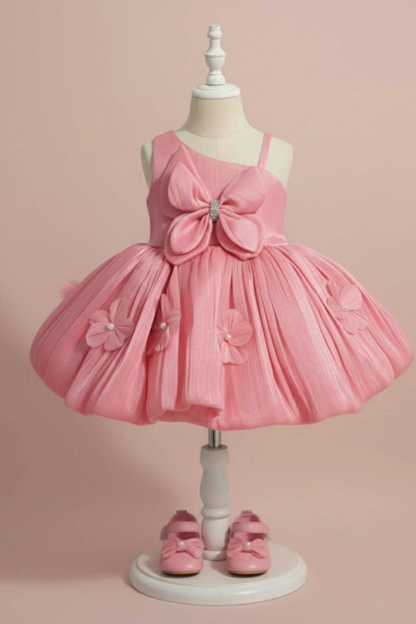 Peach Party Wear Frock with 3D Floral Appliqué and Bow Accent For Girls