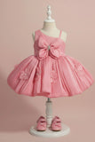 Peach Party Wear Frock with 3D Floral Appliqué and Bow Accent For Girls