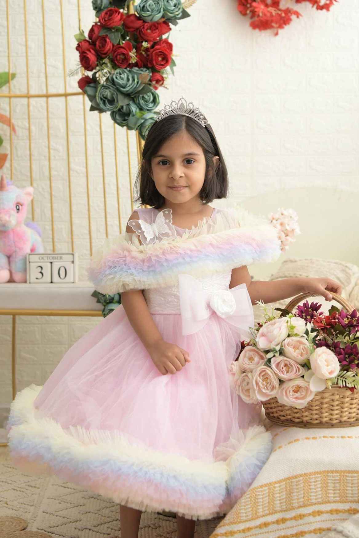 Pink Party Wear Ruffle Frock For Girls