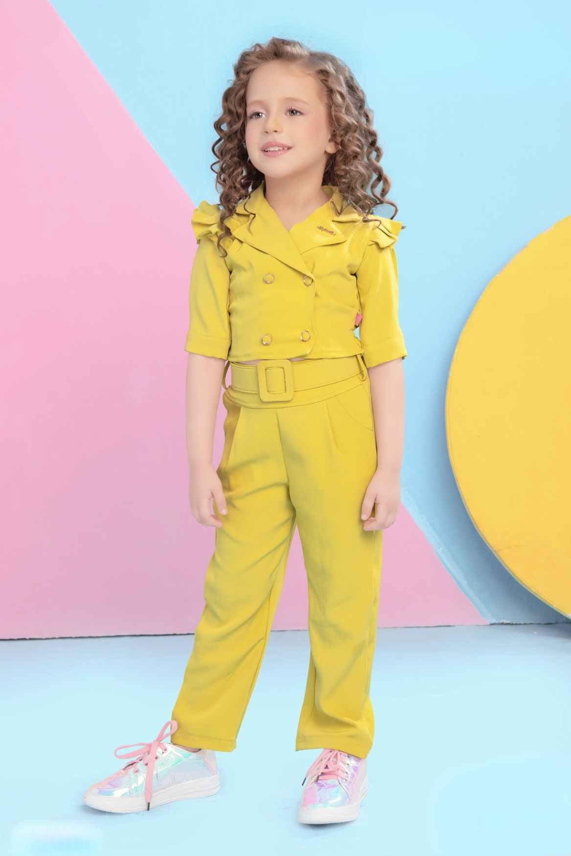 Trendy Mustard Monochrome Co ord set with Double Breasted Top For Girls - Lagorii Kids