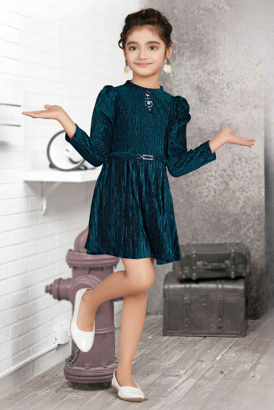 Stylish Teal Partywear Dress With Puff Sleeves For Girls
