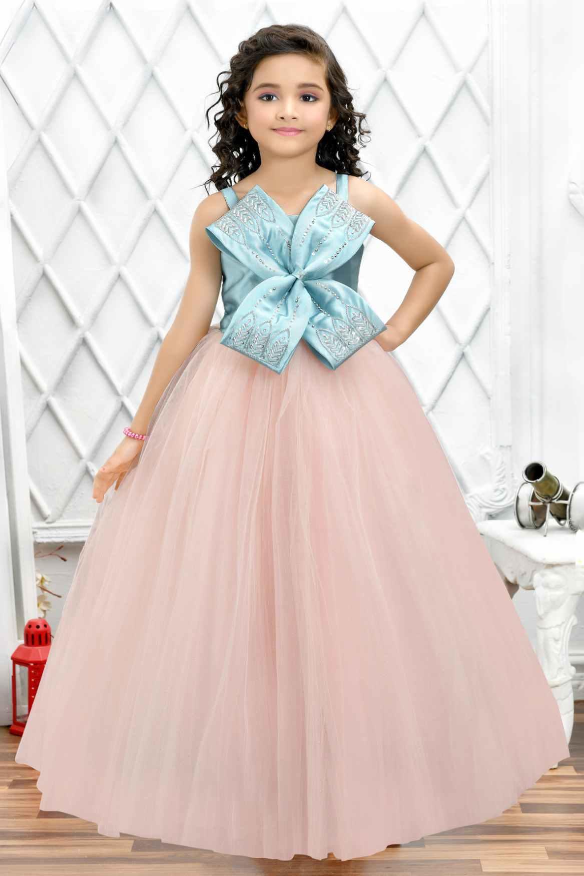 Designer Peach Gown Embellished With Blue Bow For Girls - Lagorii Kids