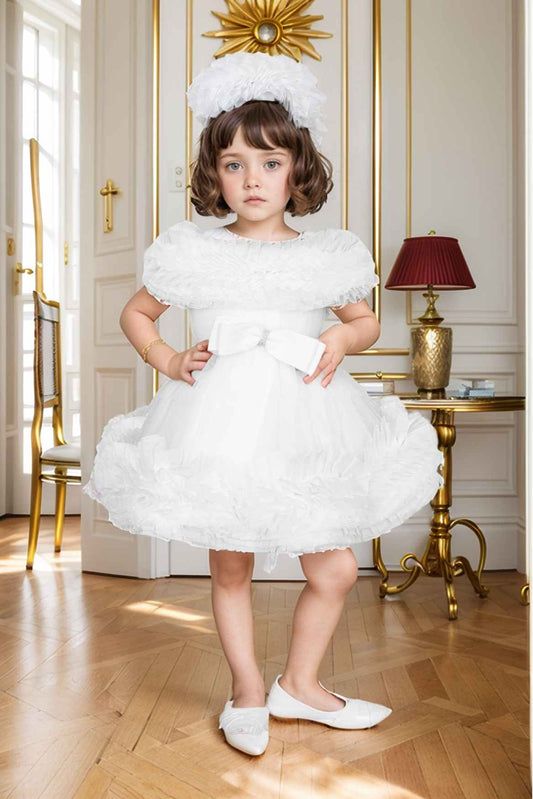 White Frock With Ruffled And Bow Embellished For girls