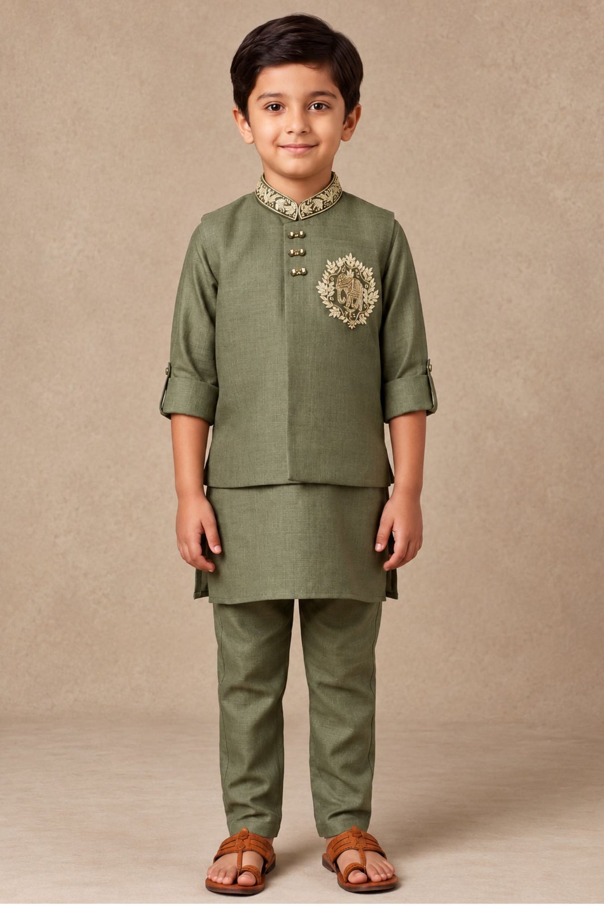 Boys Elegant Mehndi Green Embroidered Kurta Set With Nehru Jacket