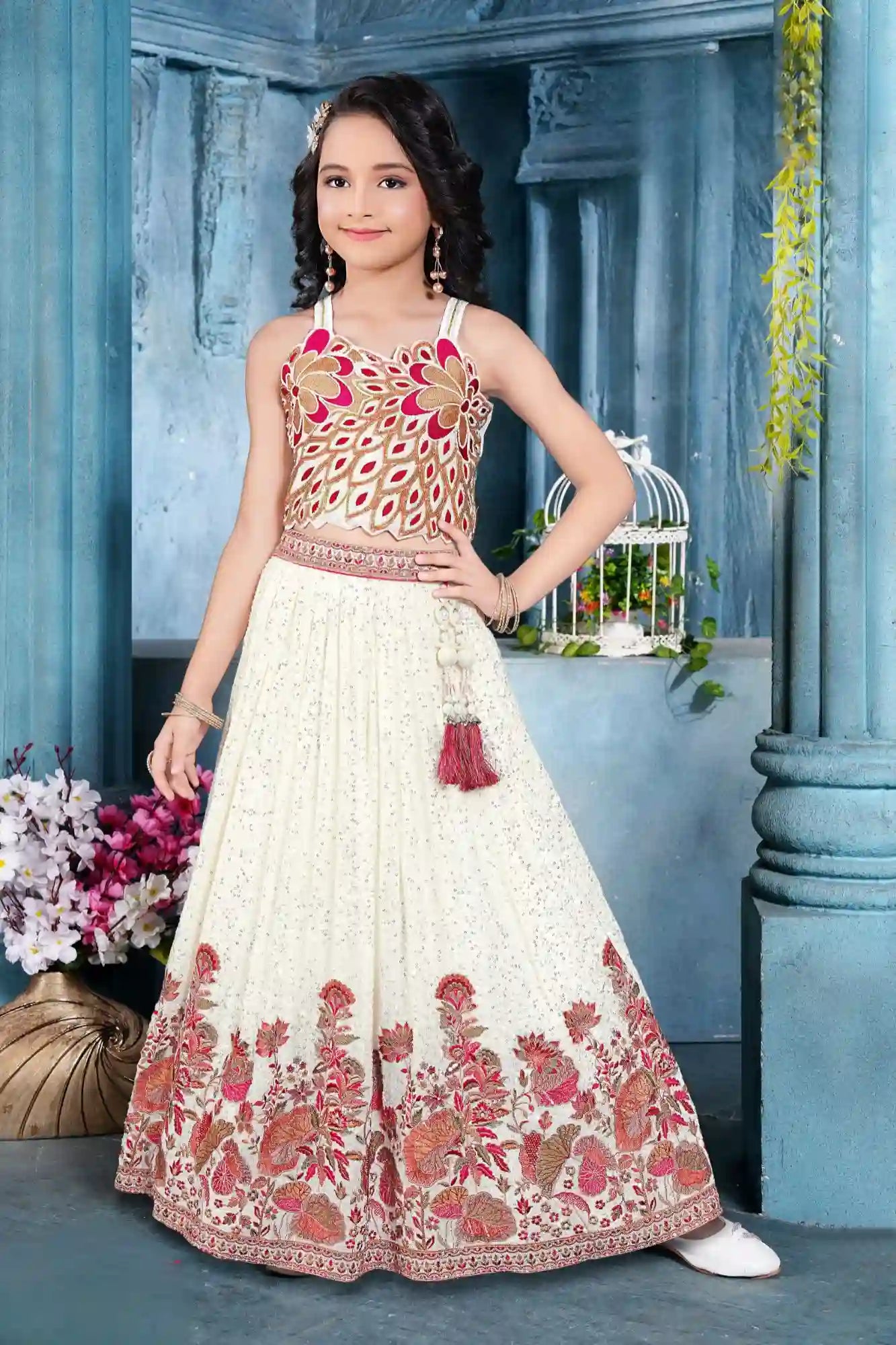 Ivory Embroidered Lehenga Choli with Tassels For Girls