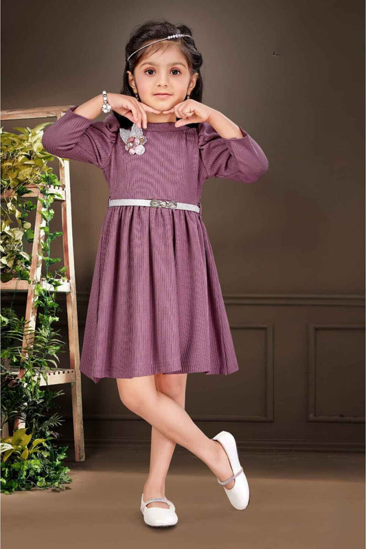 Purple Casual Frock With Waist Belt For Girls