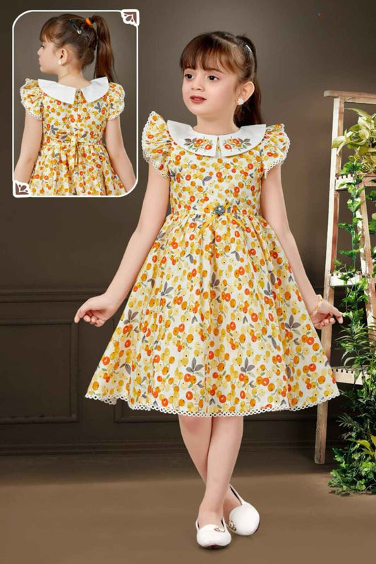 Classic Yellow Printed Casual Wear Frock For Girls