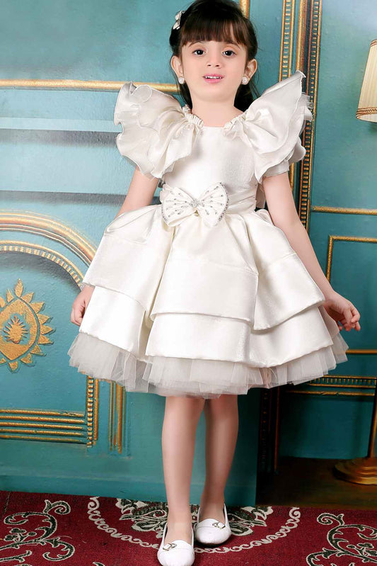 Pretty Cream Satin Ballroom Frock With Bow Embellishments For Girls