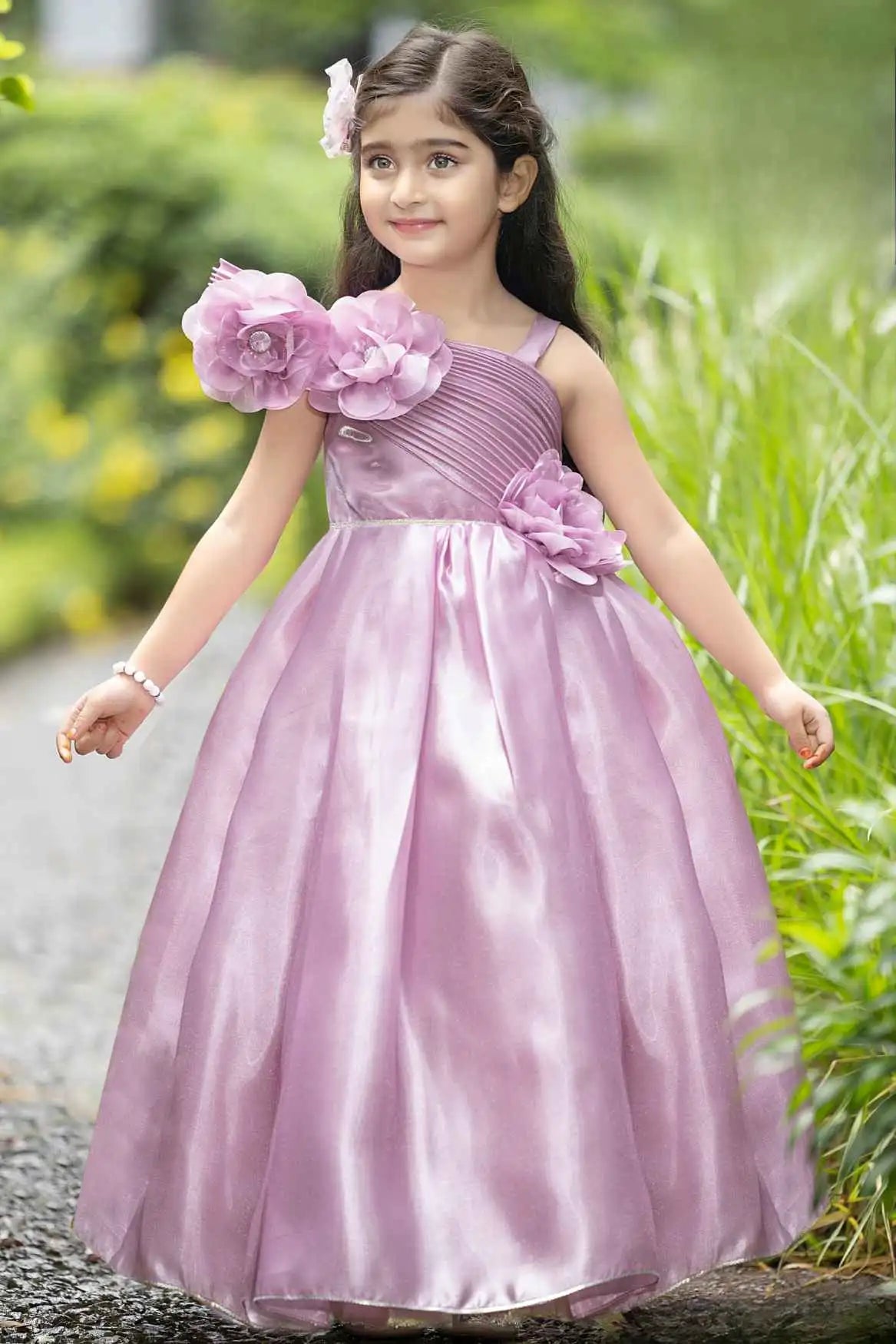 Onion Pink Floral Embellished Party Wear Gown For Girls
