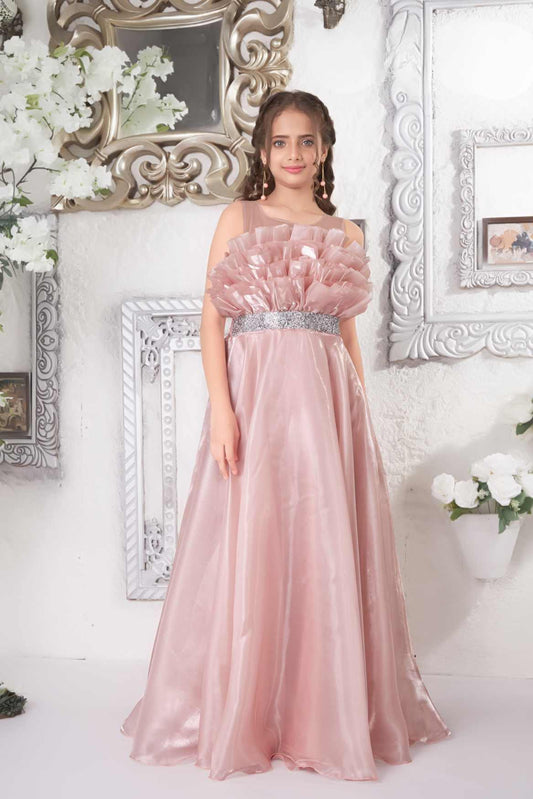 Designer Peach With Ruffled Satin Gown For Girls - Lagorii Kids