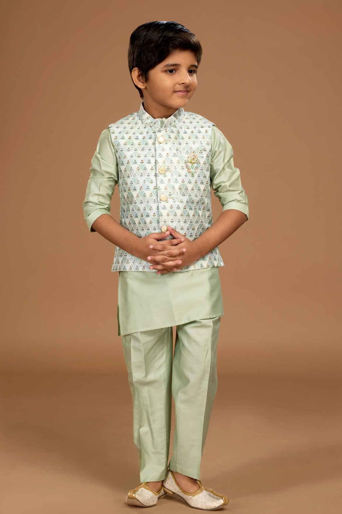 Pista Green Kurta Set With Cream Bandi For Boys - Lagorii Kids