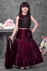 Girls Wine Maroon Embellished Lehenga Choli Set with Floral Applique Dupatta