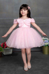 Pink Sequin Net Party Wear Frock Embellished With Butterfly For Girls