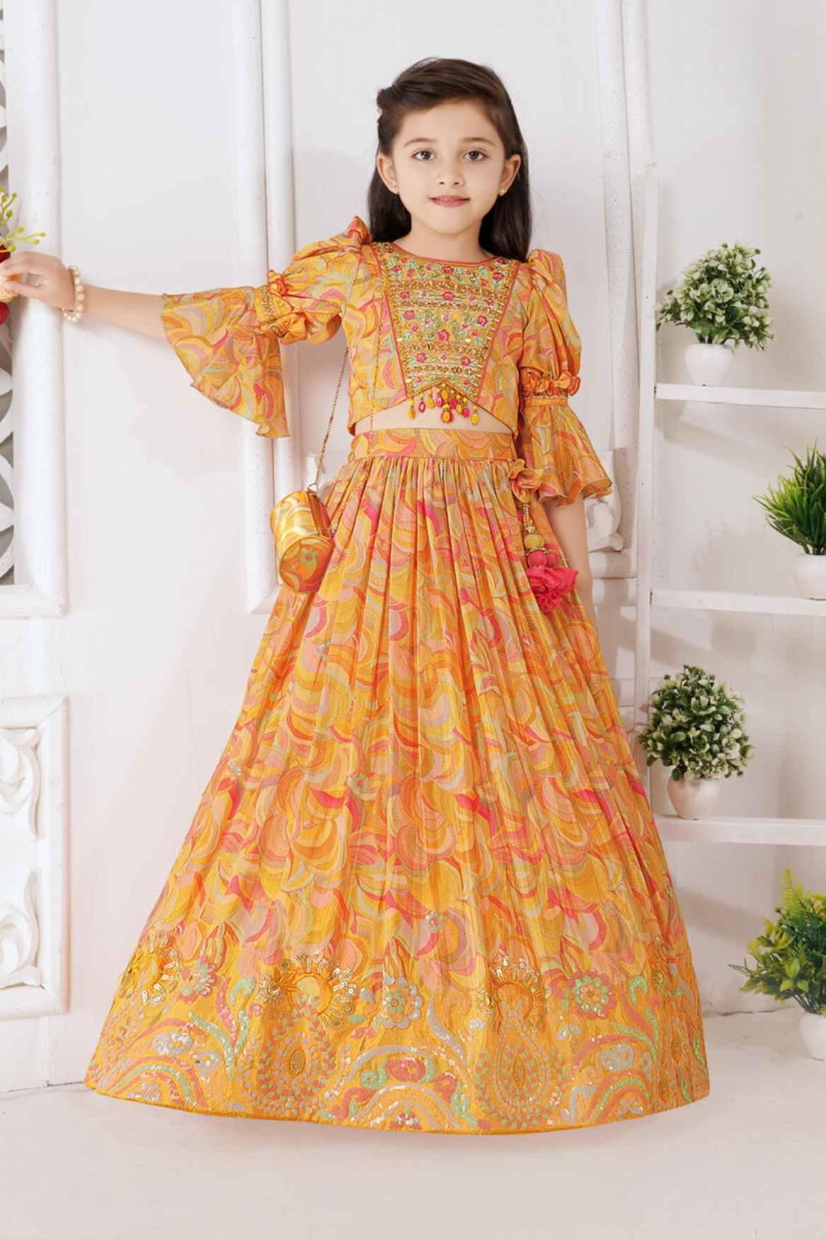 Elegant Yellow Floral Printed Lehenga For Girls - Lagorii Kids