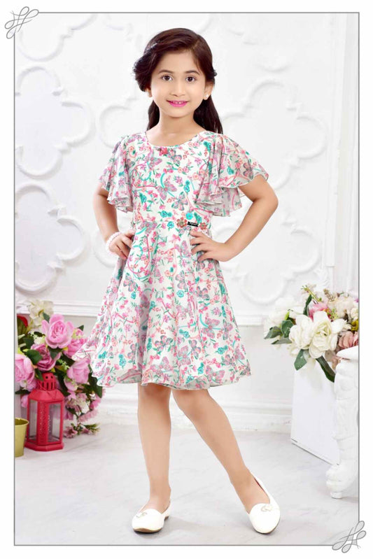 Stylish Cream Printed Ruffled Sleeves Dress For Girls